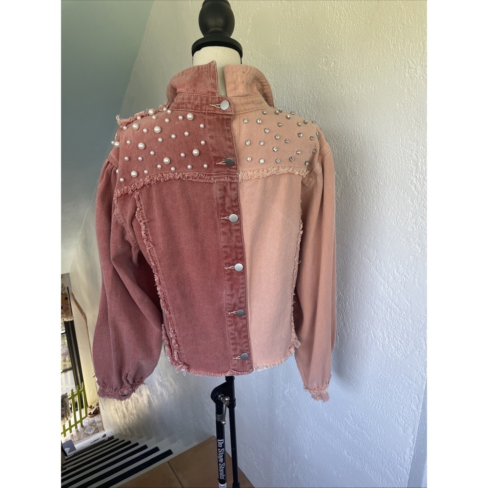 POL Pearl & Rhinestone NWOT Colorblock Pink & Raspberry Denim Jacket Oversized S - Picture 5 of 8